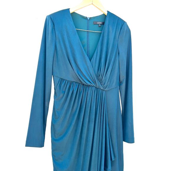 Badgley Mischka Slinky Satin Draped Midi Wrap Cocktail Dress Emerald Green 8 - Picture 5 of 12
